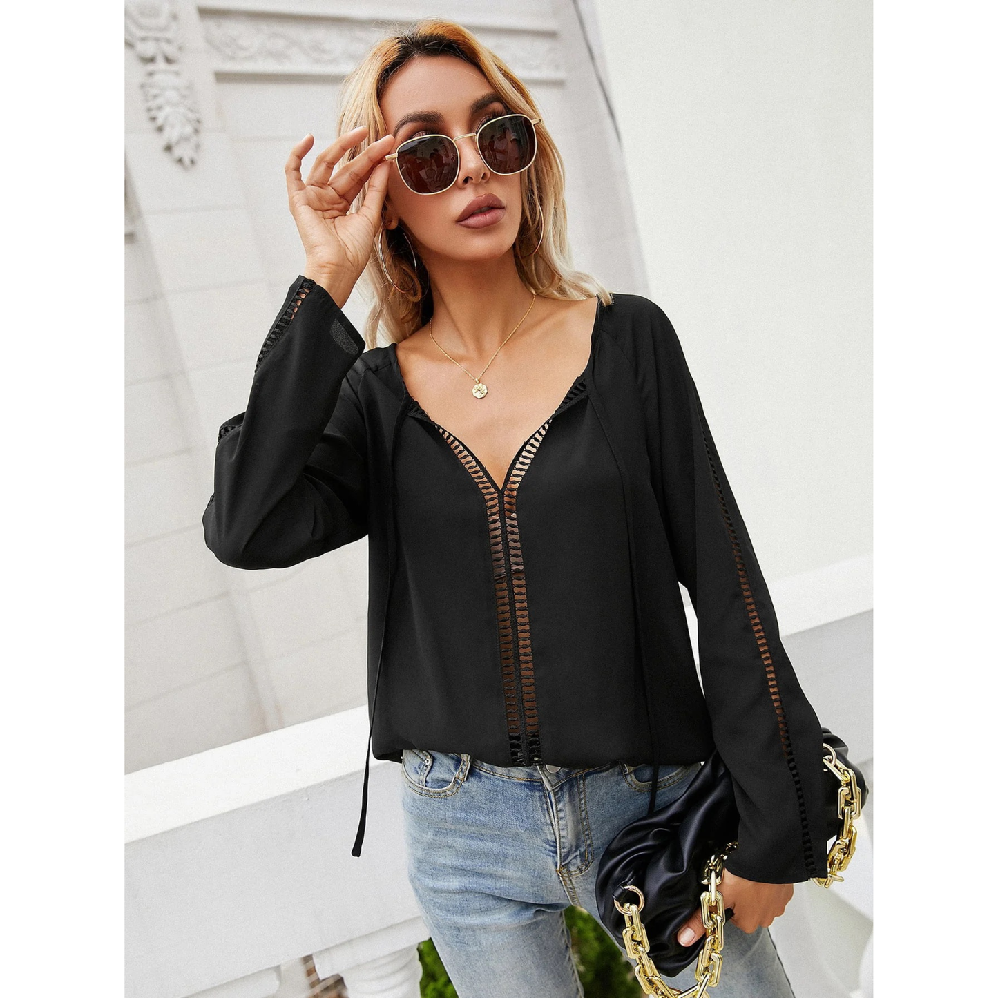 Sleek Lace-Trim V-Neck Blouse