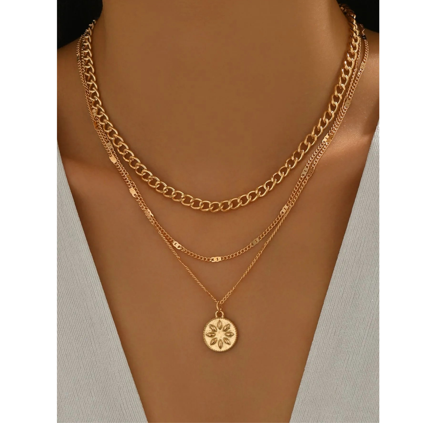18K Gold-Plated Layered Necklace with Sun Medallion Pendant