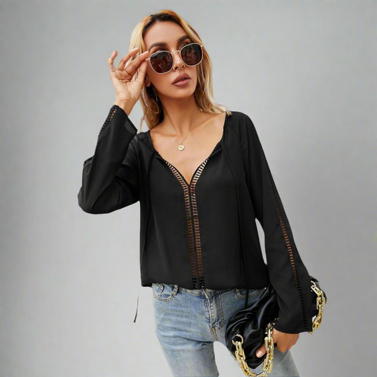 Sleek Lace-Trim V-Neck Blouse