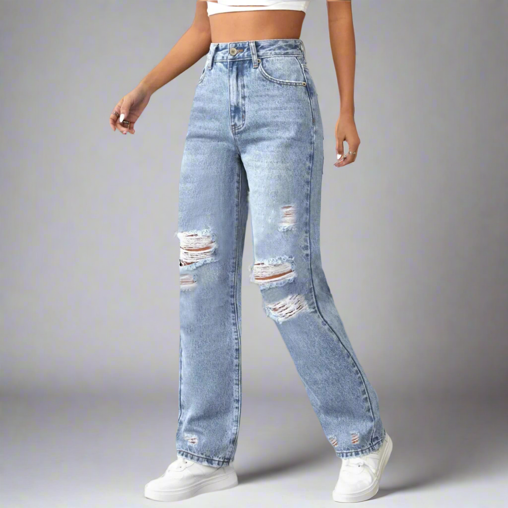 Distressed Straight-Leg Jeans