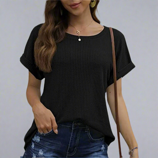 Waffle Knit Rolled Sleeve Top